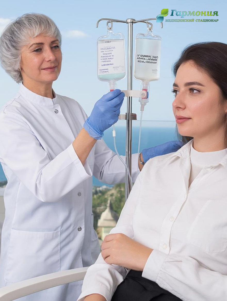 Врач и пациент с капельницей на фоне берега Пинска