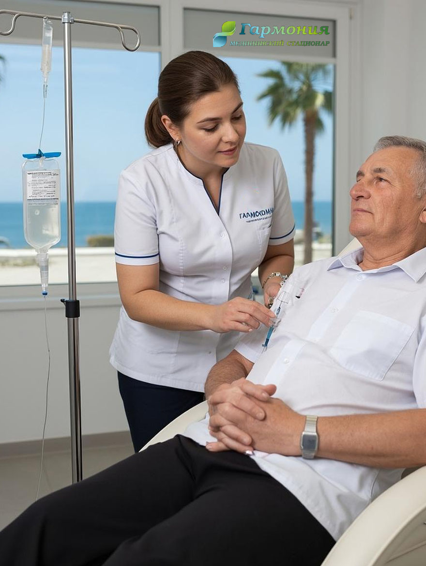 Врач и пациент с капельницей на фоне берега Пинска