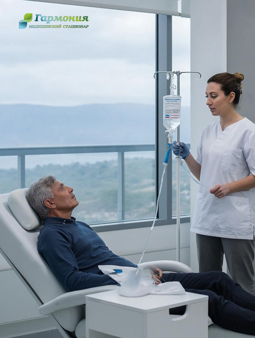 Врач и пациент с капельницей на фоне берега Пинска